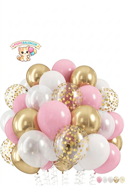PISPISBALONCUK Pembe Beyaz Krom Gold şeffaf Konfetili 30lu Balon Seti doğum g...