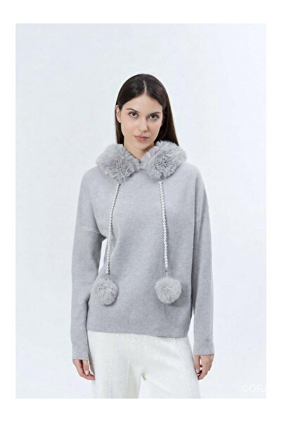 Coral 140213 Hooded Fur-Trimmed Sweater with Pearls Gray