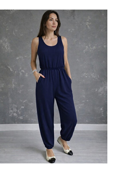 BZ Boutique Kolsuz Yuvarlak Yakalı Cepli Büyük Beden Viskon Tulum 186471