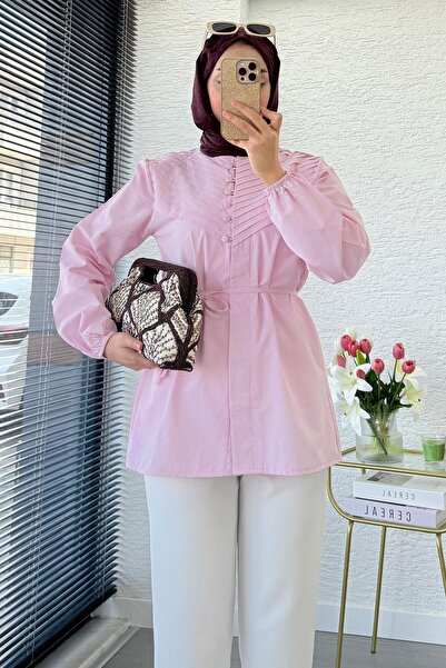 MELEK ARAZ Hakim Collar Ribbed Detailed Poplin Shirt Tunic - Pink