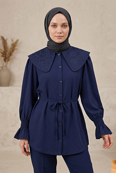 FERHEL Πουκάμισο Ποπλίνα με Κέντημα στο Γιακά για Μωρά - Ναυτικό Μπλε