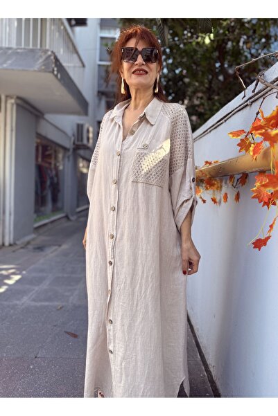 DenizEge Ιταλικό λινό πουκάμισο-φόρεμα σε μπεζ απόχρωση