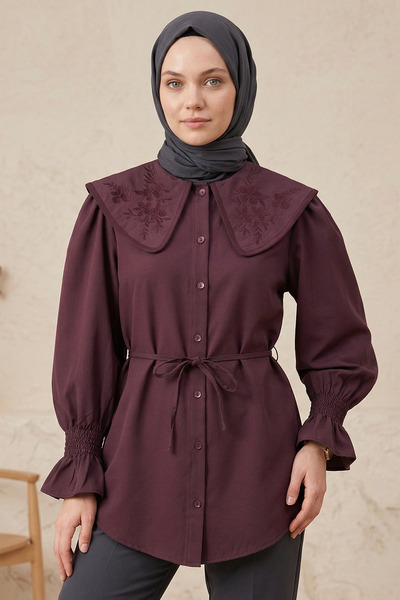 FERHEL Πουκάμισο Ποπλίνα με Κέντημα στο Γιακά για Μωρά - Δαμασκηνί