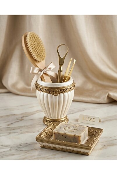 Zedef Tasarım Luxe Artisan Krem & Antik Altın El Boyaması Banyo Aksesuarları
