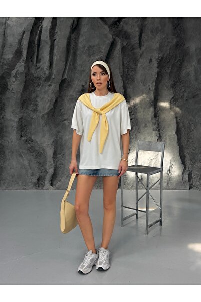 MODAMERSİ Women's White-Yellow Shawl Tie Detail T-Shirt
