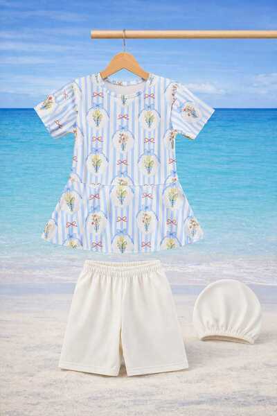 CHİCKİDSWEAR Σετ μαγιό για κορίτσια με σχέδια, 3 τεμαχίων (μπανιέρα + μπλούζα...