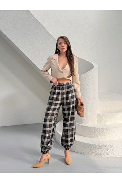 MODAMERSİ Women's Black Plaid Patterned Elastic Leg Pants
