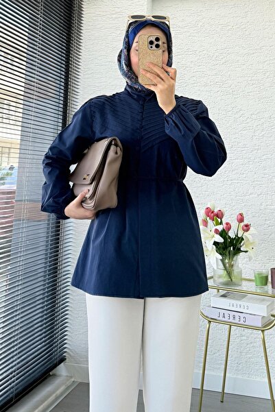 MELEK ARAZ Hakim Collar Ribbed Detailed Poplin Shirt Tunic - Navy Blue