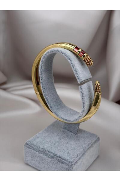ZS Aksesuar Gold Color Red Stone Detailed Open End Cuff Bracelet – Modern Sty...