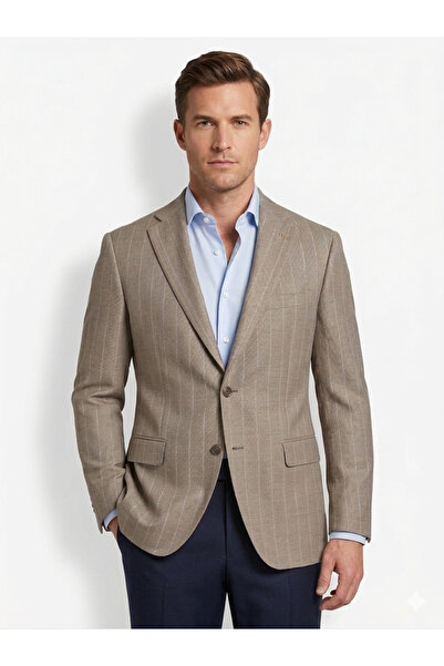 HAVAN MENSWEAR Bej Çizgili Slim Fit Erkek Blazer Ceket - Yeni Sezon