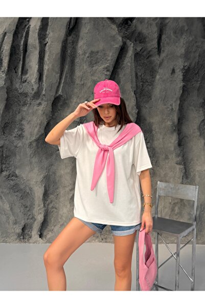 MODAMERSİ Women's White-Pink Shawl Tie Detailed T-Shirt