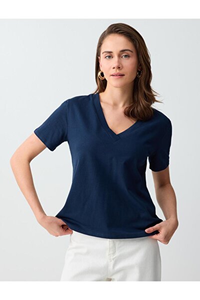 Jimmy Key Μπλουζάκι μπλε ναυτικό 100% βαμβακερό με λαιμόκοψη V και κοντό μανί...