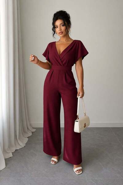 Deafox Γυναικεία κοντομάνικη ολόσωμη φόρμα μπορντό με διπλό γιακά και αυτοδετ...