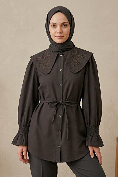 FERHEL Πουκάμισο Ποπλίνα με Κέντημα στο Γιακά για Μωρά - Σκούρο Καφέ