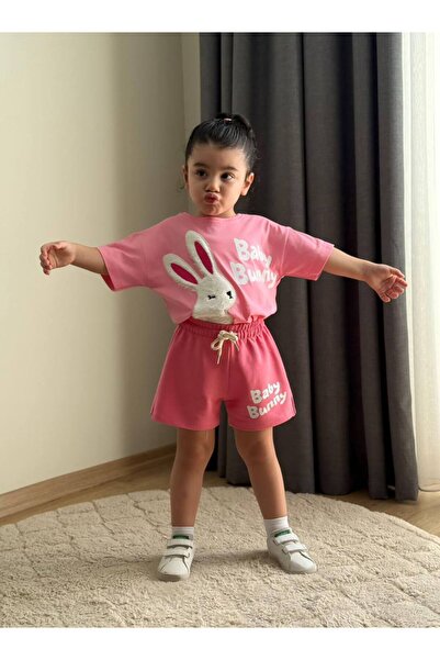 ARBİ kids Girl's Pink Rabbit Patterned Shorts with Elastic Waistband Set