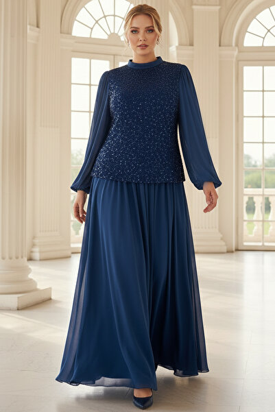 SUBU TASARIM Βραδινό φόρεμα χιτζάμπ μεγάλου μεγέθους με λεπτομέρεια από παγιέ...