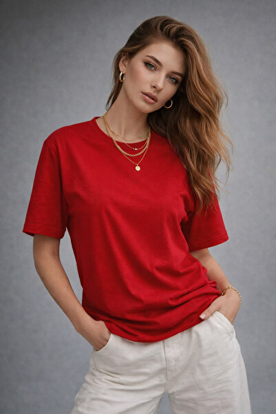 WILD BEE Tricou de damă roșu, supradimensionat, din bumbac, cu guler rotund