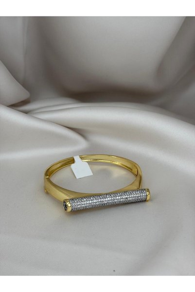ZS Aksesuar Gold Color Minimal Stone Cuff Bracelet – Modern and Stylish Women's Bracelet with Zircon Stone Detail