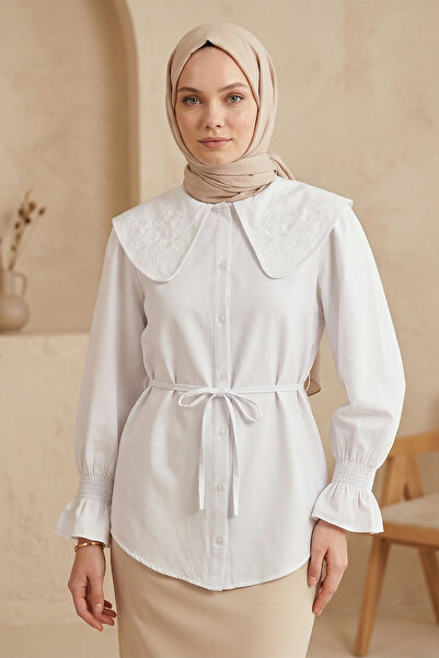 FERHEL Πουκάμισο Ποπλίνα με Κέντημα στο Γιακά για Μωρά - Λευκό