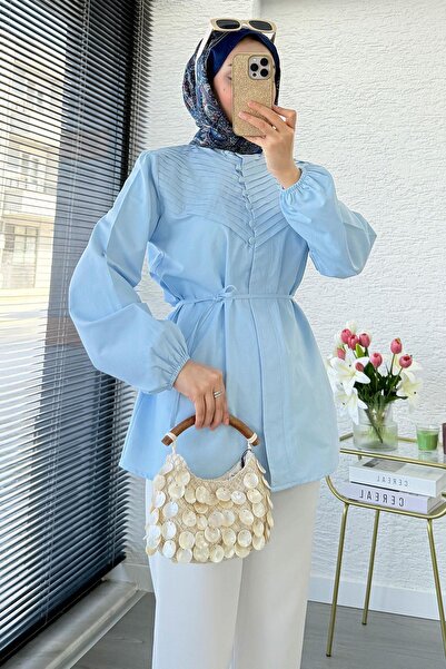 MELEK ARAZ Hakim Collar Ribbed Detailed Poplin Shirt Tunic - Blue