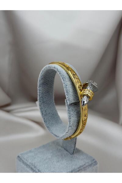 ZS Aksesuar Gold Color Nail Figured Stone Cuff Bracelet – Stylish Women's Bra...