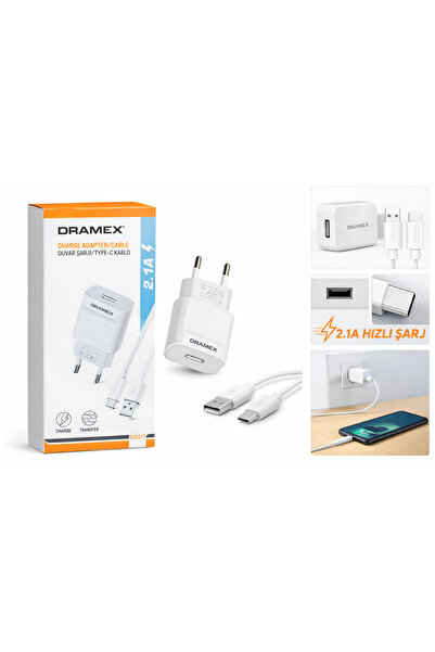 Dramex 2.1A Hızlı Şarj Aleti + Type-C Kablo USB Duvar Şarj Adaptörü