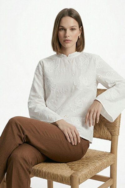Rays Εκρού Μπλούζα με Κέντημα Λουλουδιών και Δέσιμο στη Μέση 5486