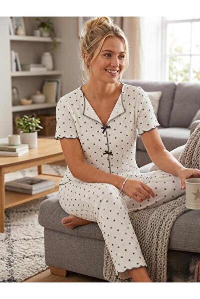 NOCHES PYJAMAS طقم بيجامة نسائي أبيض 100% قطن بأكمام قصيرة وتفاصيل فيونكة