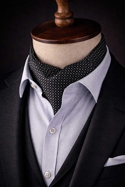 Kravatkolik Polka Dot Pattern Black Italian Silk Ascot Tie Sac11