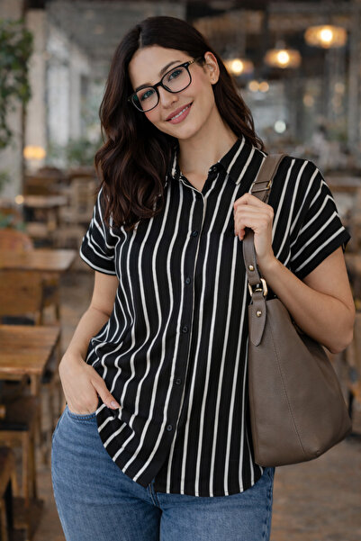 AQE FASHION Women's Striped Top Short Sleeve Buttoned Comfortable Fit Modern ...