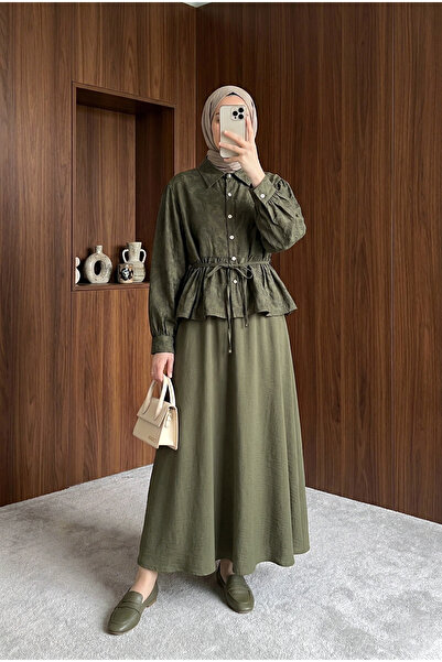 MODAQU Stoned Buttoned Patterned Jacquard Skirt Top and Bottom Set - Khaki