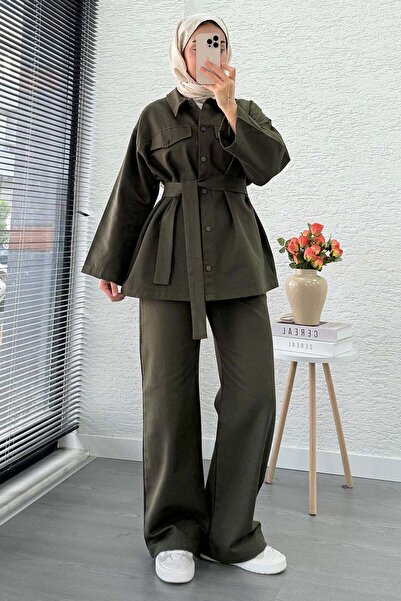 Miraydın Butik Γυναικείο Τζιν Σετ με Παντελόνι που δένει στη μέση - Χακί