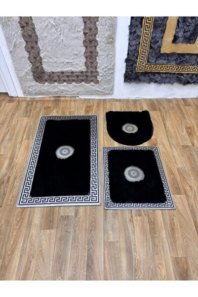 SANCAK DERİ HALI LÜKS GÜMÜŞ VARAKLI SİYAH PELUŞ BANYO SETİ