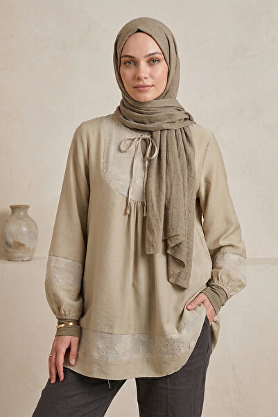 FERHEL Hijab Collared Tunic with Elastic Sleeves and Trim - Light Mink