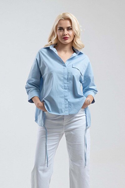 Bold & Young Cămașă oversize din bumbac Lycra, albastru deschis, cu detalii t...