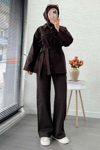 Miraydın Butik Γυναικείο Τζιν Σετ με Παντελόνι που δένει στη μέση - Καφέ