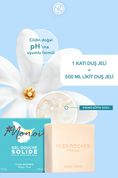Yves Rocher Monoi Nemlendirici Katı Duş Jeli- Egzotik, Sıcak ve Çekici-Tüm Ciltler-SLS,SLES içermez-Vegan-100G