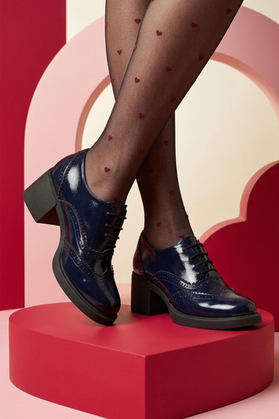 GRADA Μπλε ναυτικό λουστρίνι Γνήσιο δέρμα Γυναικεία παπούτσια Oxford με τακού...