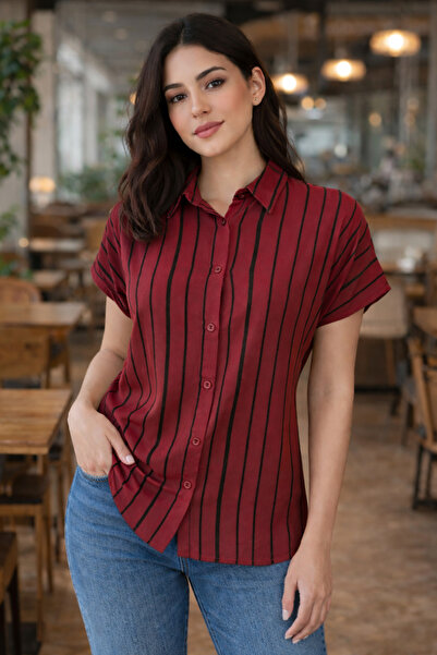 AQE FASHION Women's Striped Top Short Sleeve Buttoned Comfortable Fit Modern ...