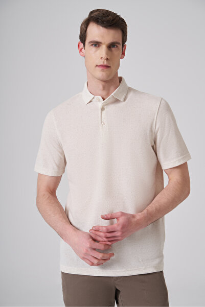 Morven Men's Beige Trend Knitted Linen Dynamic Fit Polo Collar Tshirt