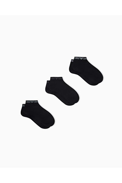 Emporio Armani Men's Low-Cut Logo Detailed Cotton Triple Pack Black Socks Em0...