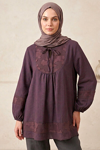 FERHEL Hijab Tunic with Tie at the Collar and Elastic Sleeves - Plum
