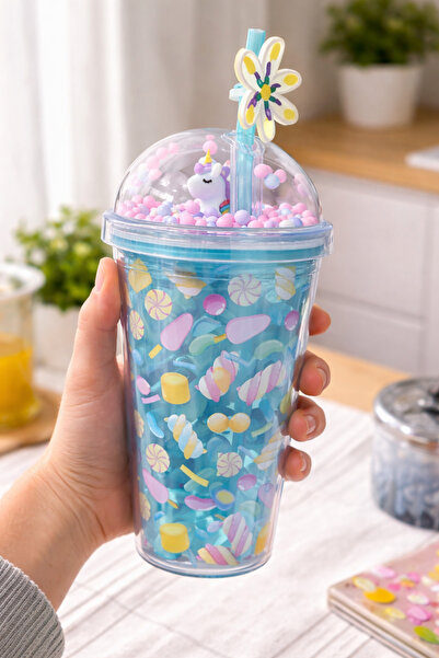 MİS KİTCHEN Unicorn Figürlü Pipetli Çocuk Bardak Şeker Desenli Suluk Kapaklı ...