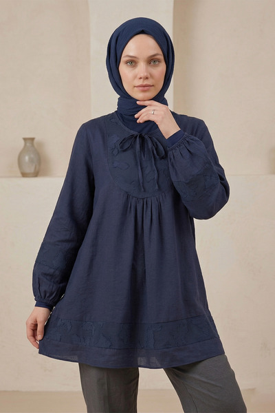 FERHEL Hijab Collared Tunic with Elastic Sleeves and Decorative Trim - Navy Blue