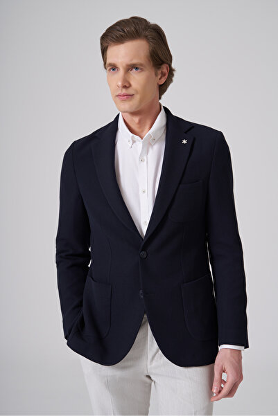 Morven Men's Navy Blue Knitted Trend Slim Fit Mono Collar Jacket