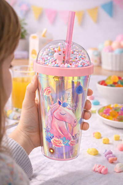 MİS KİTCHEN Unicorn Figürlü Çocuk Bardak Pipetli Boncuklu Dome Kapaklı Renkli...