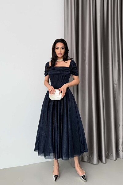 Serica Moda Μπλε ναυτικό βραδινό φόρεμα μίντι με γκλος και λάμψη