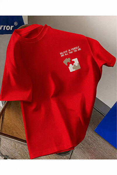 Trend Sizde Unisex Κόκκινο μπλουζάκι με στάμπα "Believe in Yourself " - Βασικ...