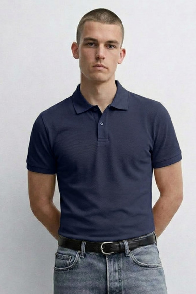 MATERIAL Ανδρικό άνετο καλοκαιρινό μπλουζάκι με γιακά πόλο σε μπλε ναυτικό χρώμα