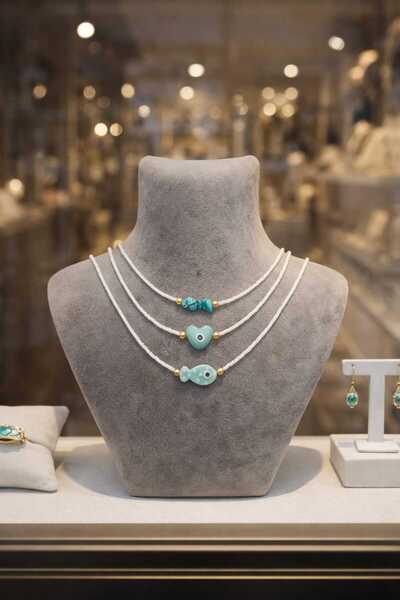 Yağmur Women's Summer Beach Sea Necklace 3-Piece Set Blue Turquoise White Color Marine Theme Accessory Jewelry Gift